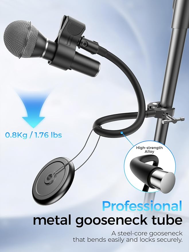 19.6" Steel Core Flexible Gooseneck Microphone Stand with 1/4" to 3/8" Adapter, Mic Clip & Super Crab Clamp, Desk/Pole Mount Compatible with Shure, Fifine, AT2020, Pyle, Razer, Blue Snowball