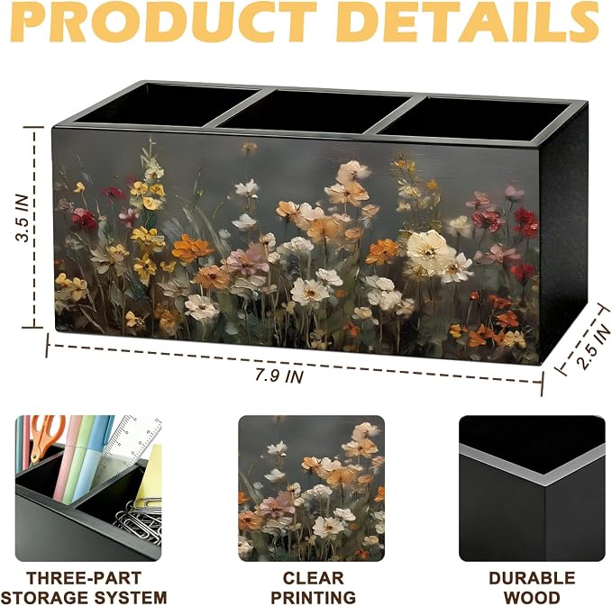 Vintage Floral Pen Pencil Holder for Desk, Moody Cottagecore Botanical Flower Wooden Box Sign Organizer for Home Room Office Bedroom Desk Accessories Tabletop Decorations