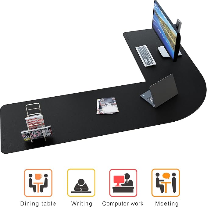 Chihein Leather Desk Mat L Shaped 61” x 80.7” x 23.6” - Big Gaming Corner Desk Pad, Non-Slip Waterproof Surface, Easy to Clean, Perfect for Office, Home (Black)