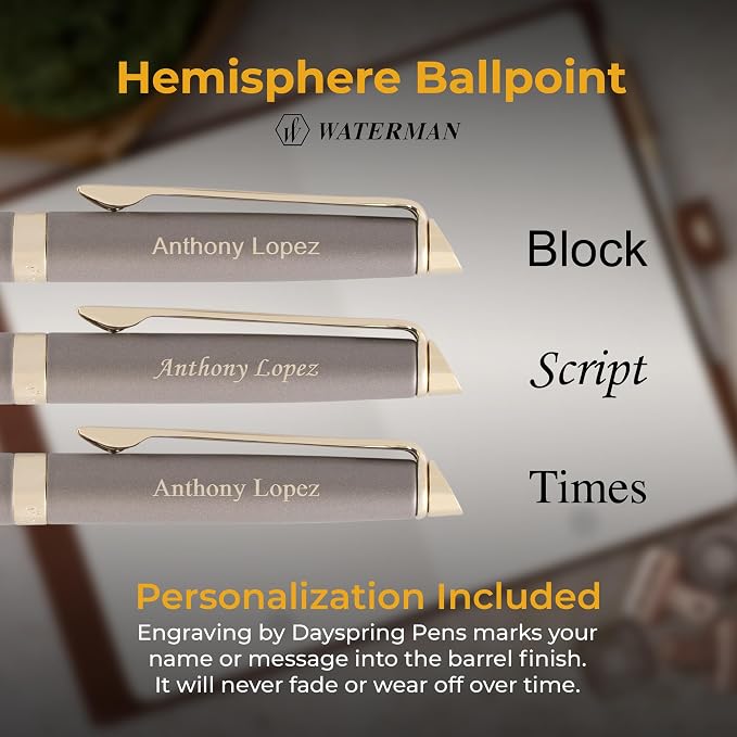 Waterman Hemisphere Engraved Ballpoint Pen, Metallic Grey with Gold Trim, Twist Action, Blue Ink, Personalized Gift for Executives, Retirement, Board Members, Career Advancement, Waterman Gift Box