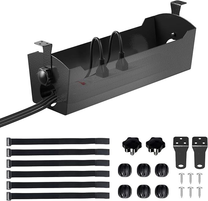 POCHAR Under Desk Cable Management Tray, 15" Power Strip Holder | Heavy Duty 1.7mm Steel Wire Organizer with 9-Cord Routing Openings, Screw Mount Cord Management for Standing Desk Home Office