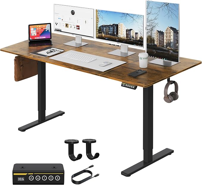Large Electric Standing Desk,55x28 Inches Adjustable Height Stand up Desk, Sit Stand Home Office Desk, 3 Preset Heights,Equipped with Hooks,Ergonomic Computer Desk Workstation，Brown