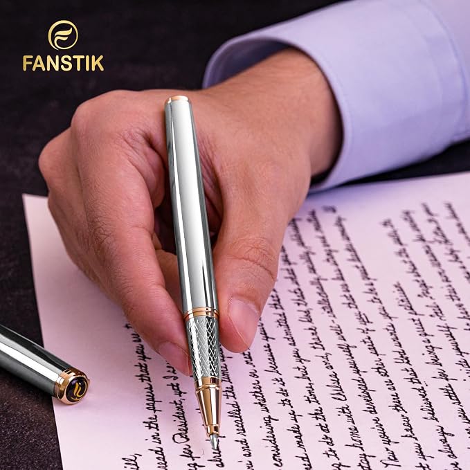 FANSTIK Customized Silver & Gold Luxury Rollerball pen, fancy gift set for women, Real 24K Gold Plating, Professional executive pen gift set for men (Lux Custom-Rollerball Silver-Gld)