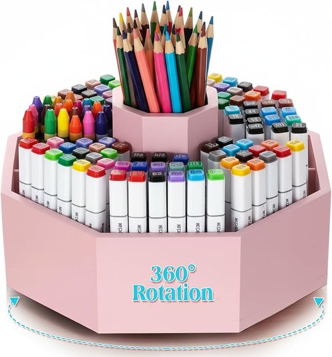 360° Rotating Pencil Holder for Desk Bamboo Rotating Marker Pen Desk Organizer Art Supply Gifts or Desktop Storage Caddy, Crayon, Marker, Pencil(Light Pink)