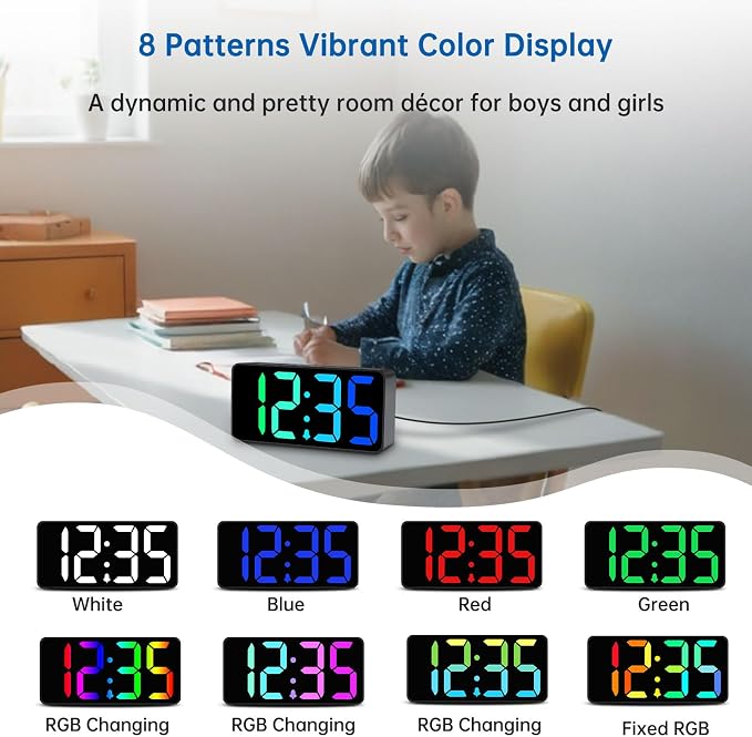 DreamSky Small Digital Alarm Clock for Bedroom, RGB Kids Alarm Clock Boys | Electric Desk Clock with Large Numbers for Bedside Nightstand, Dimmer, Adjustable Alarm Volume, USB Port, USB-C Plug-in