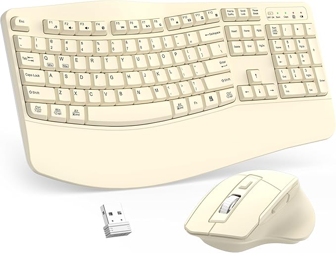 Wireless Keyboard and Mouse Combo, 2.4G Full Size Wave Keys Ergonomic Keyboard with Wrist Rest and 3-Level DPI Adjustable Wireless Ergonomic Mouse for Windows, Mac OS Desktop/Laptop/PC(Latte)