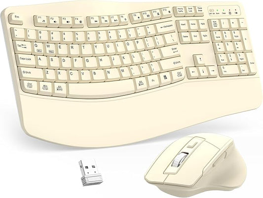 Wireless Keyboard and Mouse Combo, 2.4G Full Size Wave Keys Ergonomic Keyboard with Wrist Rest and 3-Level DPI Adjustable Wireless Ergonomic Mouse for Windows, Mac OS Desktop/Laptop/PC(Latte)
