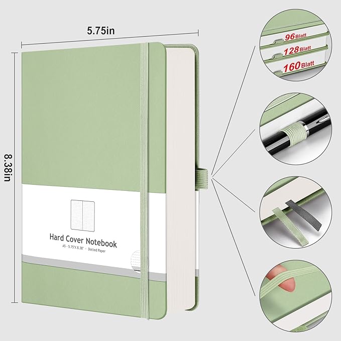 AHGXG Dotted Journal - 320 Numbered Pages Dot Grid Notebook A5 Thick Journal, 100gsm Thick Dotted Paper, Leather Hardcover,Inner Pocket, 5.75'' × 8.38'', Light Green