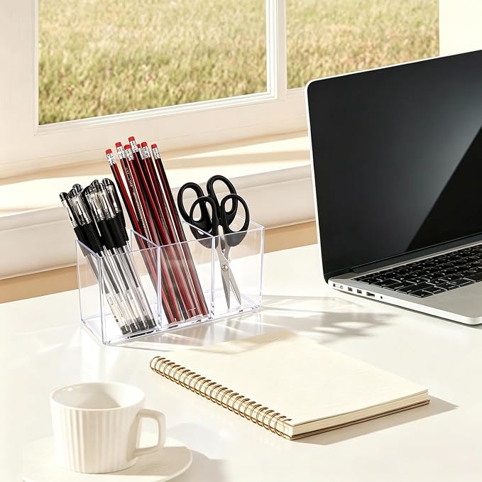 1 Pcs Acrylic Pen Holder 3 Compartments Clear Desk Organizer | Desk Organizer, Multi-Use Pencil Cup, Makeup Brush Silverware Caddy, For Office Classroom Bathroom Countertop Storage