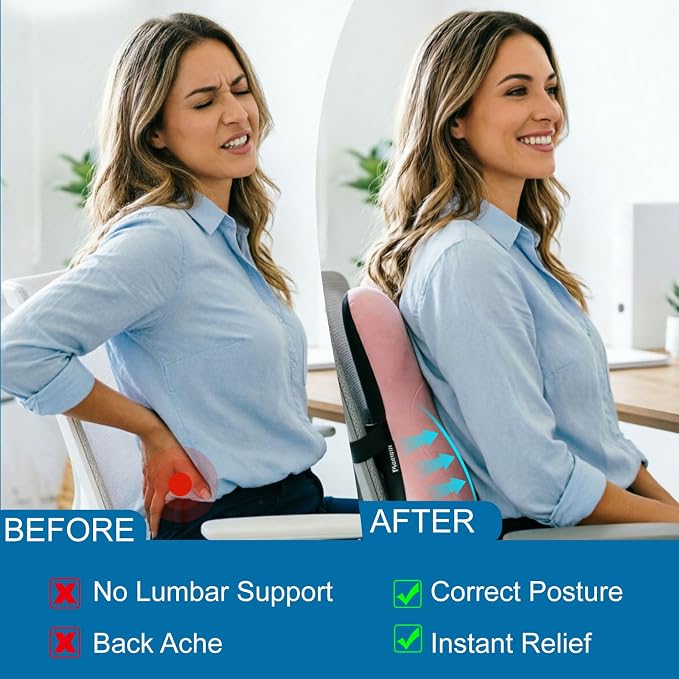 Lumbar Support Pillow, Memory Foam Back Cushion for Car & Office Chair - Pink