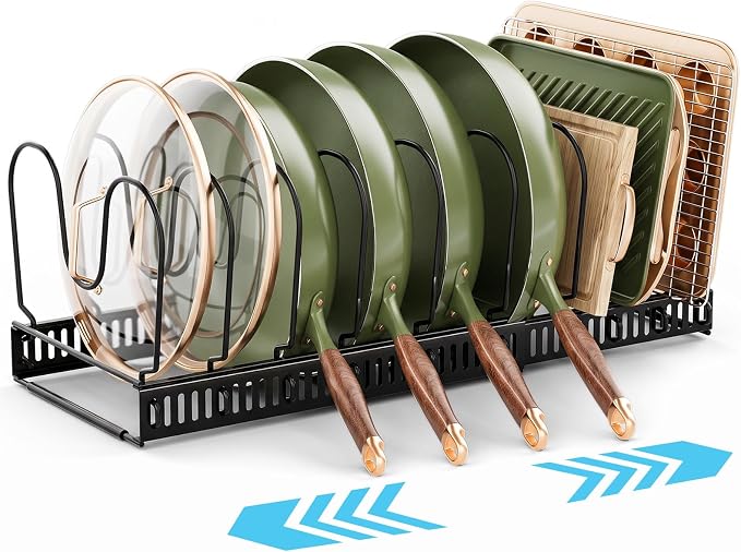 MUDEELA Pot Lid Organizer for Cabinet, Expandable Baking Pan Rack 10 Slots | 11.8–22.9" Expandable, 10 Adjustable Divider, Tool-Free Assembly, Non-Slip, Scratch-Proof, For Pan Lid Cutting Board Bakeware