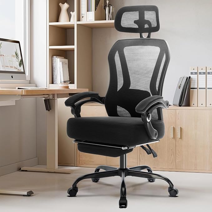 Ergonomic Office Chair with Footrest,Ultra Thick Desk Chair,Black | 150°Reclining,Mesh High Back,Adjustable 2D Lumbar Support and Headrest,4.8" Spring Cushion,Premium Computer Chair for Adults