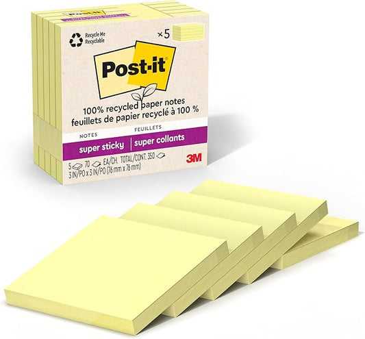 Post-it 100% Recycled Paper Super Sticky Notes, Canary Yellow, 3 in. x 3 in., 5 Sticky Note Pads, 70 Sheets per Pad, New Year Organization or Second Semester School Supplies