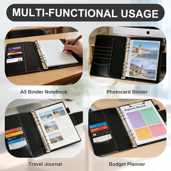 A5 Binder 6 Ring Faux Leather Refillable Notebook Binder Planner Cover Ring Binder with Magnetic Closure for A5 Paper,Photocard,Budget,Black(No Paper Inside)