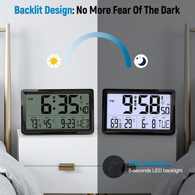 QPEUIM Atomic Clock with Indoor Temp & Humidity,Atomic Wall Clock 8.78 Inch Self-Setting, Digital Clock Large Display with Auto DST & 4 Time Zones for Home Office Bedroom