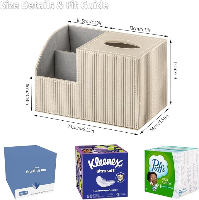 Square Tissue Box Cover with Storage, PU Leather Facial Cube Tissue Holder | TV Remote Control Holder, Desk Accessories Nightstand Organizer, Modern Table Caddy for Bathroom, Bedroom, Home, Office Decor