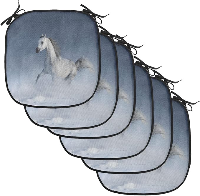 Lunarable Orient Chair Cushion Pads Set of 6, Horse Galloping During a Snowstorm Stallion Winter Snow View Equine Print, Anti-Slip Seat Padding for Kitchen & Patio, 16"x16", Night Blue