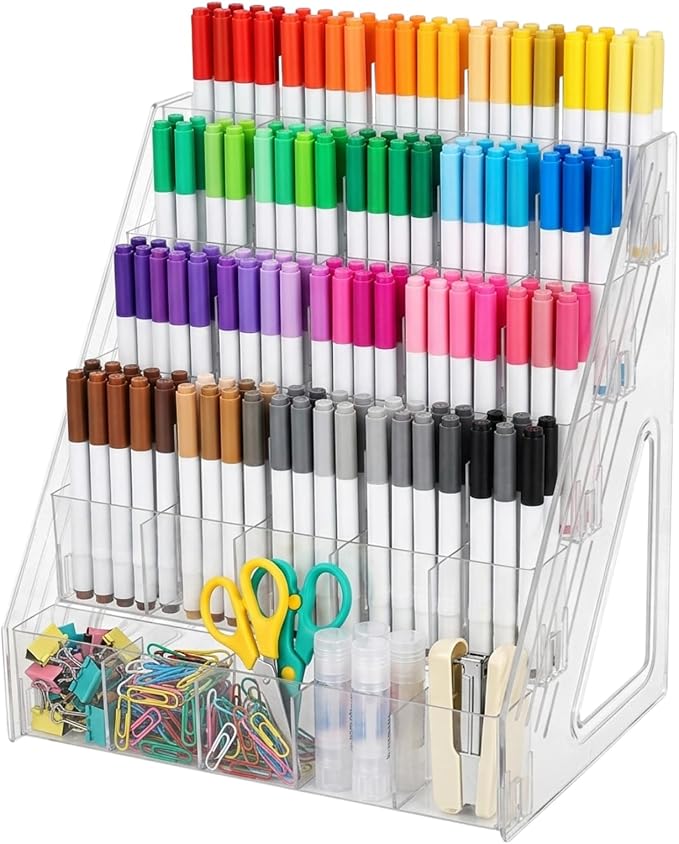 5 Tier Acrylic Desk Organizer with 25 Compartments Clear Pen Holder for Pens Pencils Markers and Art Supplies Large Capacity Desk Storage Rack for Home Classroom Office and Art Studio