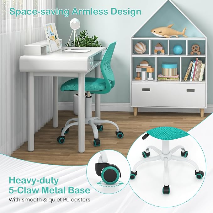 Giantex Kids Desk Chair, Armless Mesh Children Study Seat, Swivel Teen Desk Computer Chair with Adjustable Height & Lumbar Support, Turquoise