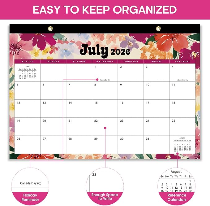 Desk Calendar 2026-2027, 18-Month Calendar Runs from July 2026 to December 2027, Large 17" x 12" Monthly Desktop & Wall Calendar for Home & Office - Vivid Bloom