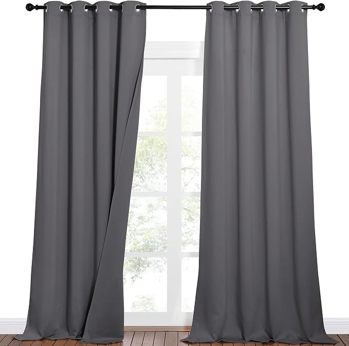 NICETOWN Outdoor Noise Blocking Blackout Curtains for Office, Full Privacy Wall Divider, Heavy-Duty Blinds for Windows, Inside Detachable Felt Liner Curtains for Daytime Sleep (Grey, 108" Length)