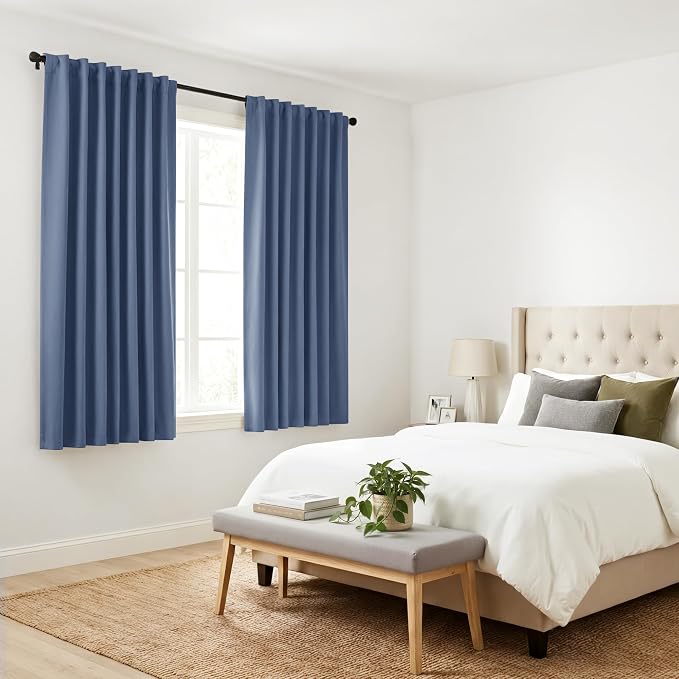 PONY DANCE Black Out Curtains 48 inch Long for Short Small Window, Rod Pocket and Back Tab Thermal Insulated Room Darkening Curtains for Kitchen/Cabinet/Basement(2 Panels, W42 x L48 inch, Blue Haze)