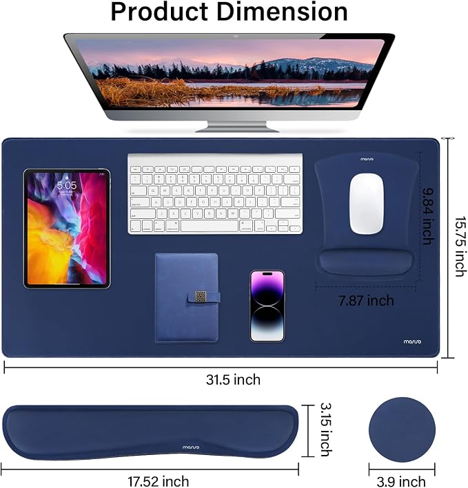 MOSISO Keyboard Mouse Pad Set, Large Gaming Mousepad&Keyboard Wrist Rest&Mouse Wrist Rest&Coaster, Ergonomic Non-Slip Mousepad&Easy Typing Cushion with Memory Foam for Home Office, Navy Blue