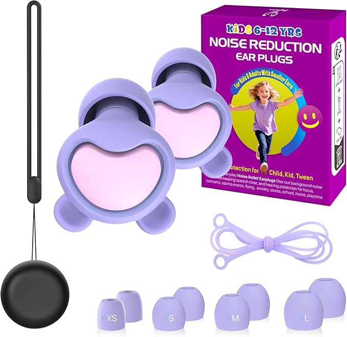 Kids Noise Reduction Ear Plugs(6+yrs) – Reusable Child Ear Protection for Sensitive Ears, Comfortable Earplugs for School, Travel, Focus, Concert, Sleep & Loud Events – 4 Sizes Ear Tips in XS-L, 26dB