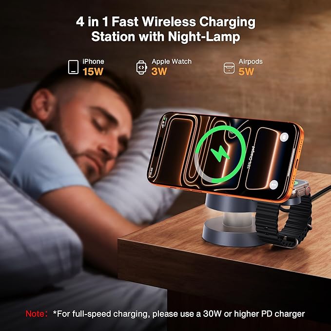 iVANKY 3 in 1 Mag-Safe Charger Stand, 15W Fast Magnetic Wireless Charging Station with Night Light for iPhone 17e 17 16 15 14 13 Pro Max, Apple Watch, AirPods 4/3/2/Pro(No AC Adapter)
