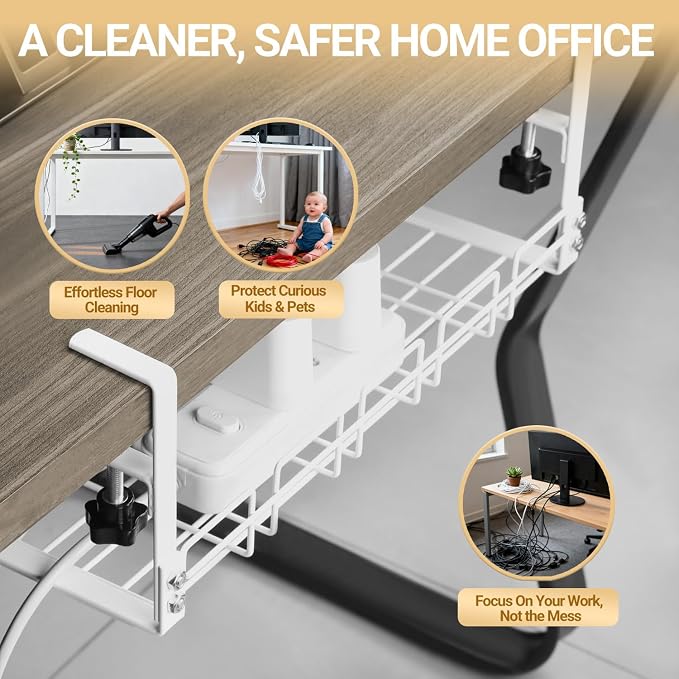Under Desk Cable Management Tray, 15.7'' Metal Wire Organizer with Clamp, No Drill Desk Cord Rack for Cable Management, Computer Wire Organizer for Office and Home, Sturdy & Scratch-Free
