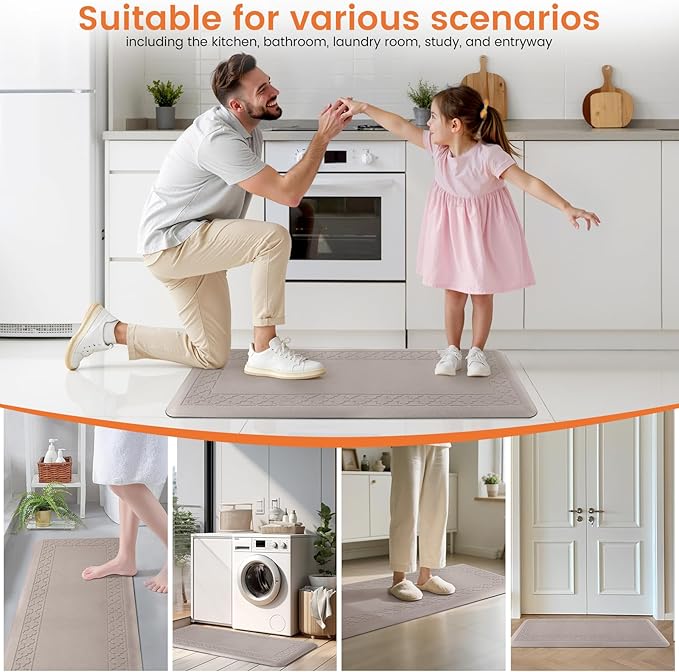 4/5 Inch Thicker Kitchen Mats for Floor Non-Slip Anti Fatigue Comfort Mat Waterproof Kitchen Rug for Sink, Office,Home Stain Resistant Standing Desk Rugs-17.3"x 47", Khaki