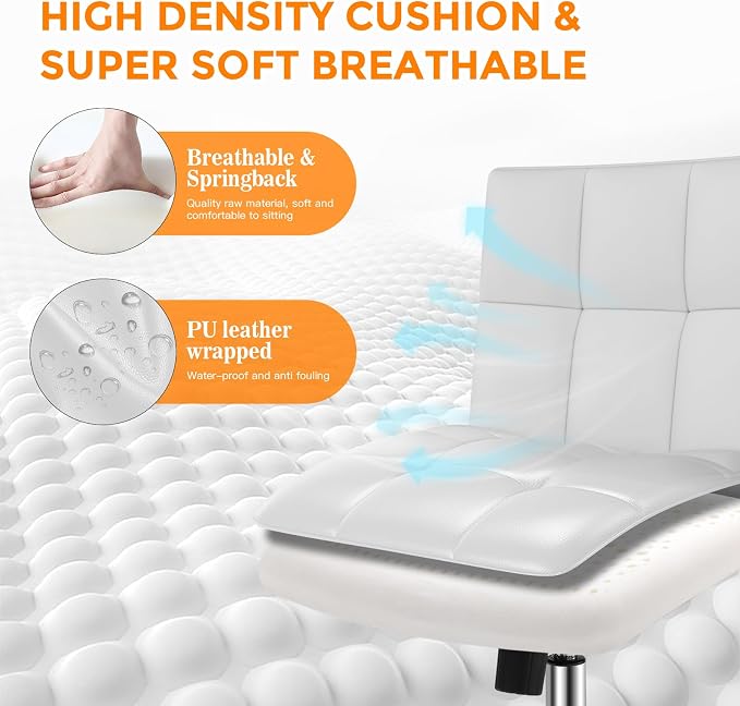 White Office Chair with Wheels - 360° Swivel Armless Back Support，Comfortable Pu Adjustable Rolling Desk Chairs for Office，Home，Vanity，Bedroom，Big Space(Widened White)