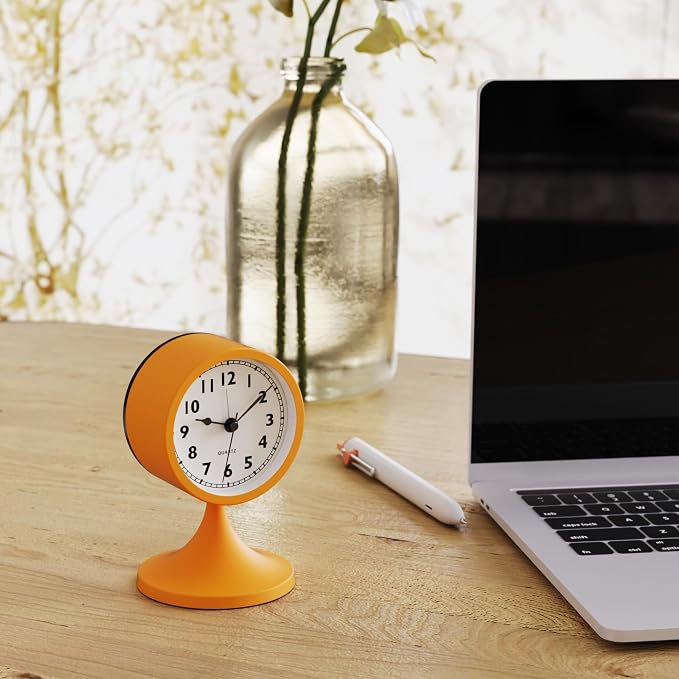 AYRELY® 3" Analog Alarm Clock, Retro Small Clock, Desk Clock for Bathroom | Cute Battery Operated Table Clock with Silent Movement and Light for Bedroom, Bedside, Living Room Decor and Shelf (Orange)