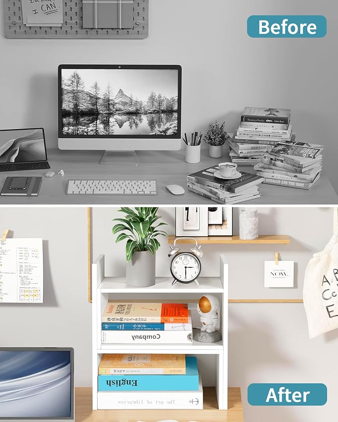 Desktop Shelf Organizer,Adjustable Stackable Office Storage Rack,Wood Display Shelf,White Small Bookshelf for Desktop,Tabletop Desk Shelf,Multipurpose Shelves for Office, Dormitory,Home Decor.