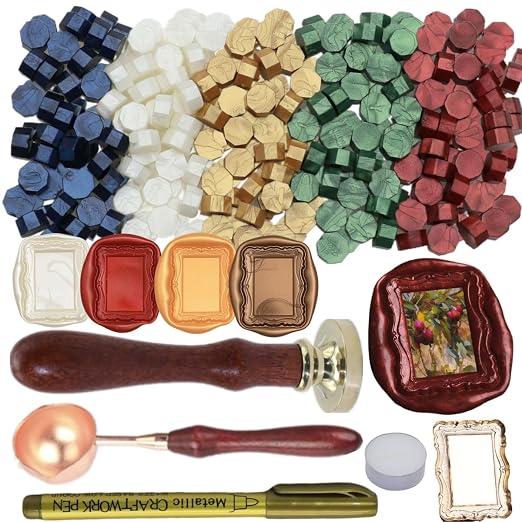 3D Embossed Frame Wax Seal Stamp, Frame Relief Carving Sealing Stamp Set with 150Pcs Green Red White Gold Blue Sealing Wax Beads in 5 Color, Melt Spoon Pen Kit for Wedding and Christmas (KM03)