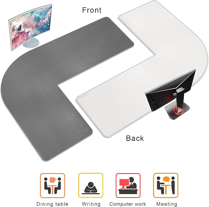 Chihein L-Shaped Desk Pad, Corner Desk Mat (45.3”+ 57.1”) x 15.7”, Double-Sided Computer Office Mouse pad Writing Table Pad for Home Office - Gray/White