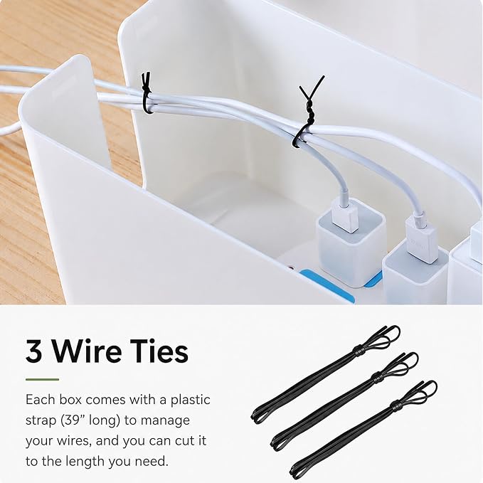 [Set of 3] 3 Cable Management Boxes + 3 Wire Ties, Large Cord Box Organizers to Hold and Hide Power Strip Charger Adapter Power Cord Charging Station USB HUB (White)