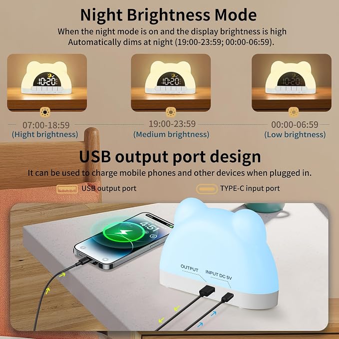 Wake Up Night Light Alarm Clock, Colorful LED Desk Clock, Gift for Kids