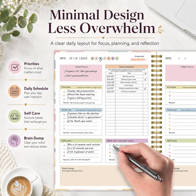 ADHD Daily Planner - Productivity Planner & Undated Task Management Organizer for Neurodivergent Adults, Focused Planners for Men & Women - B5 Blue Flowers