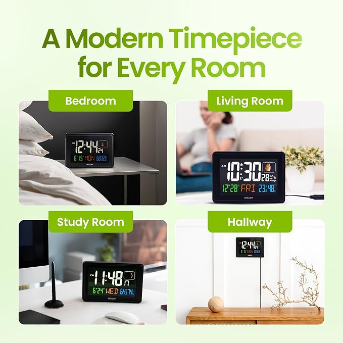 Baldr Digital Alarm Atomic Clock, 7'' Display with Adjustable Brightness | Large Desk Clock Indoor Temperature, Humidity & Moon Phase for Living Room Bedroom, Adapter Powered, Black