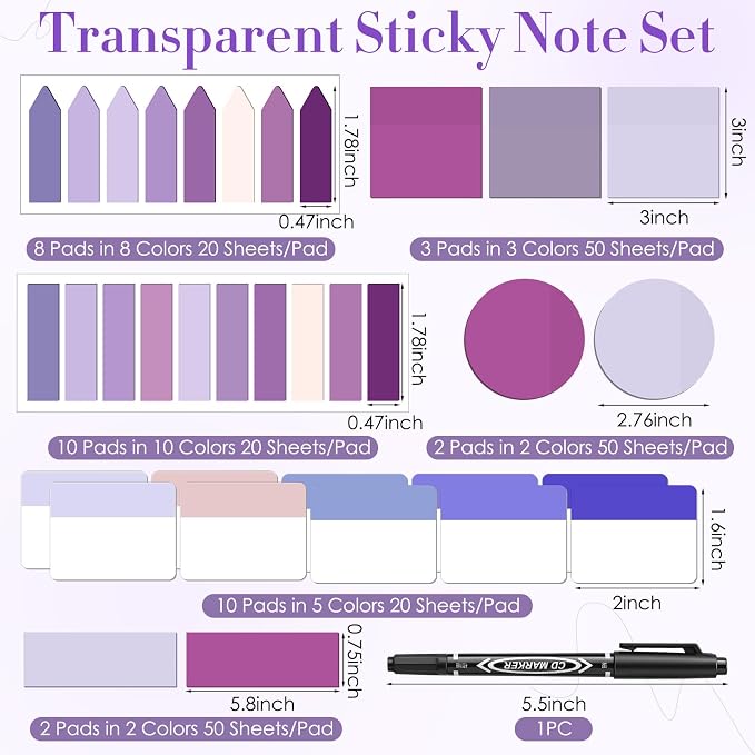 Glenmal Transparent Sticky Note Set 910 Sheets Translucent Clear Self-Adhesive Sticky Notes Bulk Gradient Color Waterproof for Bible Tabs Book Tabs Office Study Supplies Book Annotation(Purple)