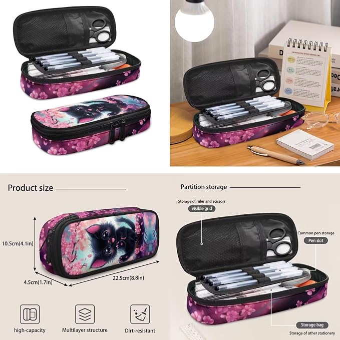 Girls 17 Inch Black Cat Backpack Set 4PCS, Cherry Blossoms Cute Cartoon Bookbag with Lunch Bag, Pencil Case & Bottle Sleeve for Elementary Kids Ages 6-8 Back to School