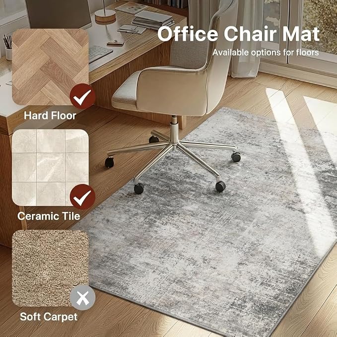 36"x60" Office Chair Mat for Hardwood Tile Floor, Under Desk Carpet Protector for Rolling Computer Chair Mat, Machine Washable Area Rug, Anti-Slip 1/5" Thick Low Pile Thin Vinyl Floor Mat, Mist Grey