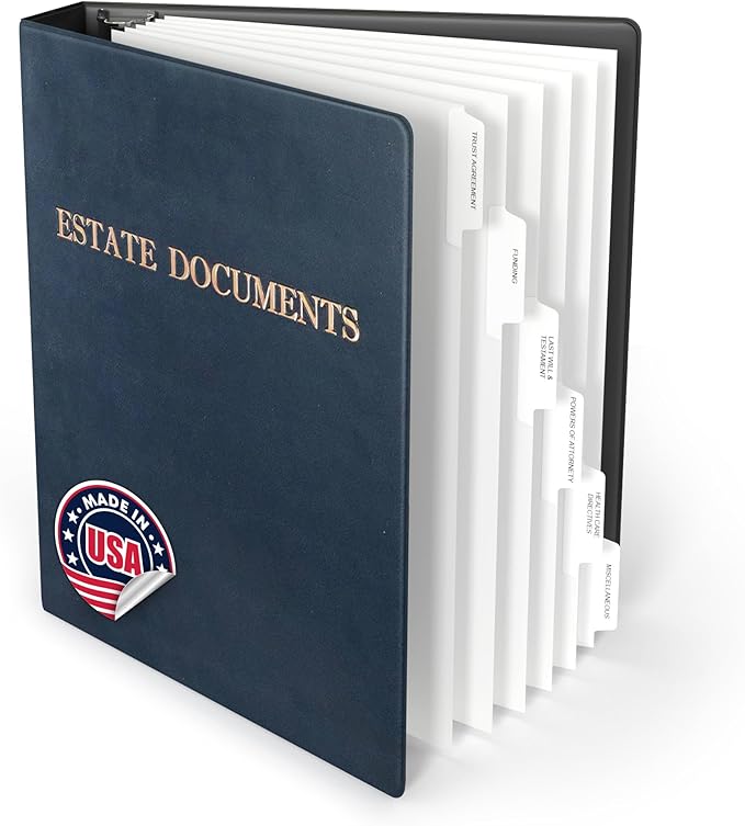 TRS Estate Planning Binder Kit – Pre-Labeled Tabs, Sheet Protectors | 1.5" D-Ring Faux Leather Organizer for Wills, Trusts, Power of Attorney & End-of-Life Planning | Navy with Bronze