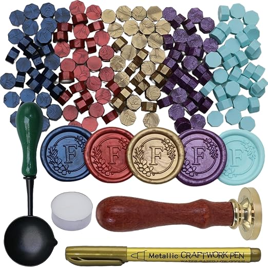 Initial Alphabet F Wax Seal Stamp Set, Retro Letter Sealing Stamp with 150Pcs Sealing Wax Beads in 5 Color, Melt Non Slip Spoon Pen Kit for Wedding and Christmas (F)