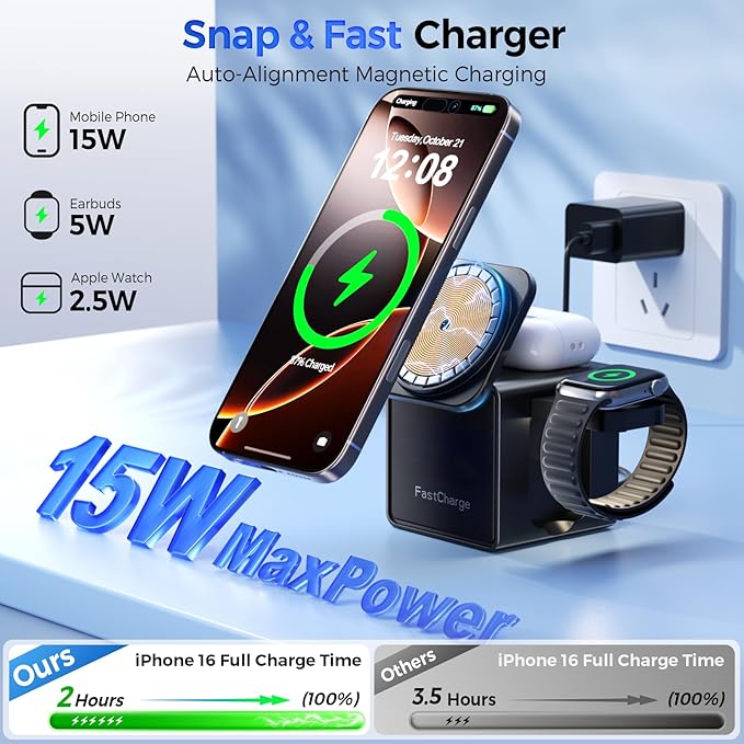 3 in 1 Charging Station for Apple, 15W Fast Magnetic Wireless Charger Station with Night Light, Travel Accessory Mag-Safe Stand for iPhone 17 16 15 14 13 12 - Apple Watch - AirPods(Adapter Included)