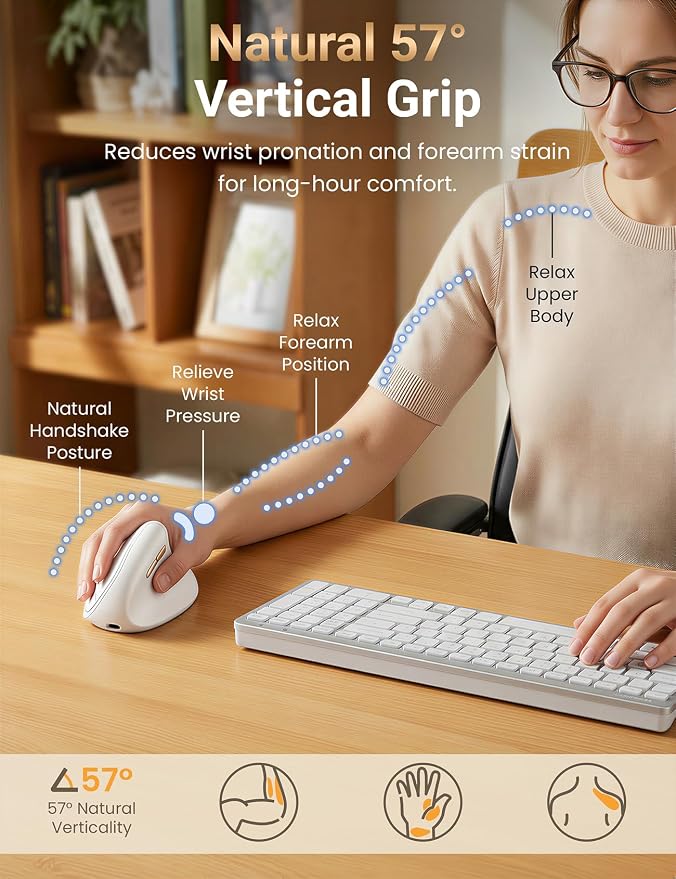 Ergonomic Vertical Wireless Mouse, 57°, Small/Medium Hands, White | Rechargeable, Quiet Click, 800/1200/1600 DPI, 2.4GHz USB Receiver, Forward/Back Buttons, Computer Mouse for Laptop PC Mac