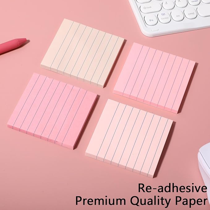 12 Pack Lined Sticky Notes 3x3 inch Post Ruled Stickies Super Self Stick Power Memo Pads Multi Colors Notes Pads Vintage Aesthetic School Office Supplies Accessories(Pink)
