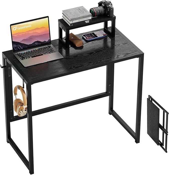 GreenForest Folding Desk with Monitor Stand, 31.5 Inch Foldable Computer Desk with Hook and Storage, Sturdy Small Space-Saving Writing Work Table for Home Office Dorm, Black