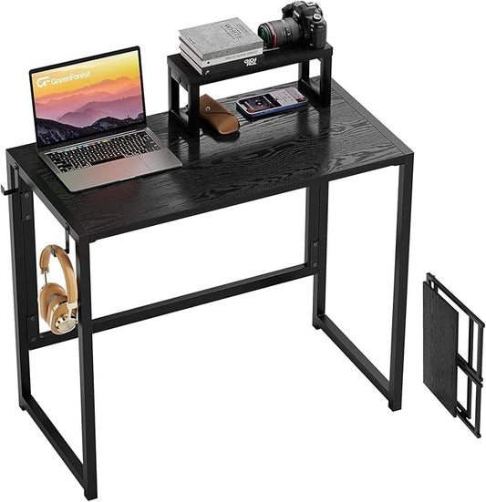 GreenForest Folding Desk with Monitor Stand, 31.5 Inch Foldable Computer Desk with Hook and Storage, Sturdy Small Space-Saving Writing Work Table for Home Office Dorm, Black